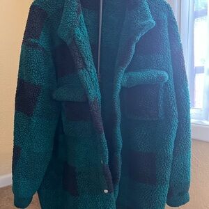 SHEIN Teal and Black Checkered Puffer Jacket